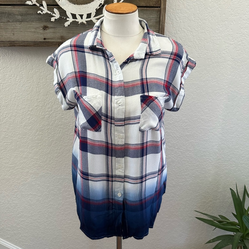 Vintage Havana Red and Blue Plaid button‎ down Shirt ladies M